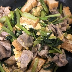焼肉のタレで☆豆腐と小松菜豚肉の卵炒め